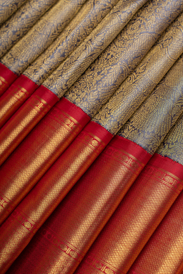 Greyish beige iruthalaipakshi brocade  pure  Kanchipuram silk saree