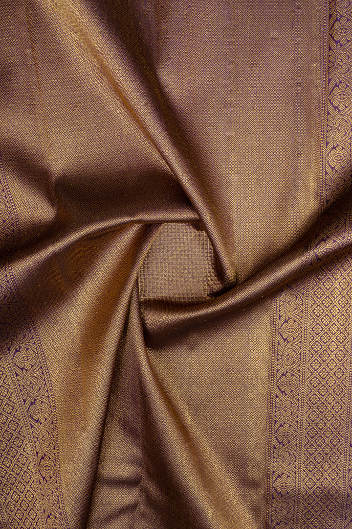 Golden yellow and purple iruthalaipakshi vintage checks pure kanchipuram silk saree