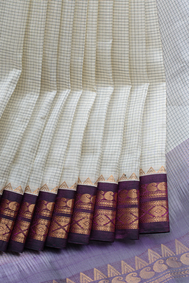 Off white and jamun purple checks pure silk cotton saree