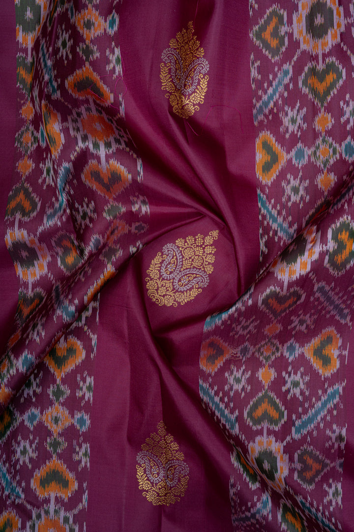 Purple borderless pure ikat Kanchipuram silk saree