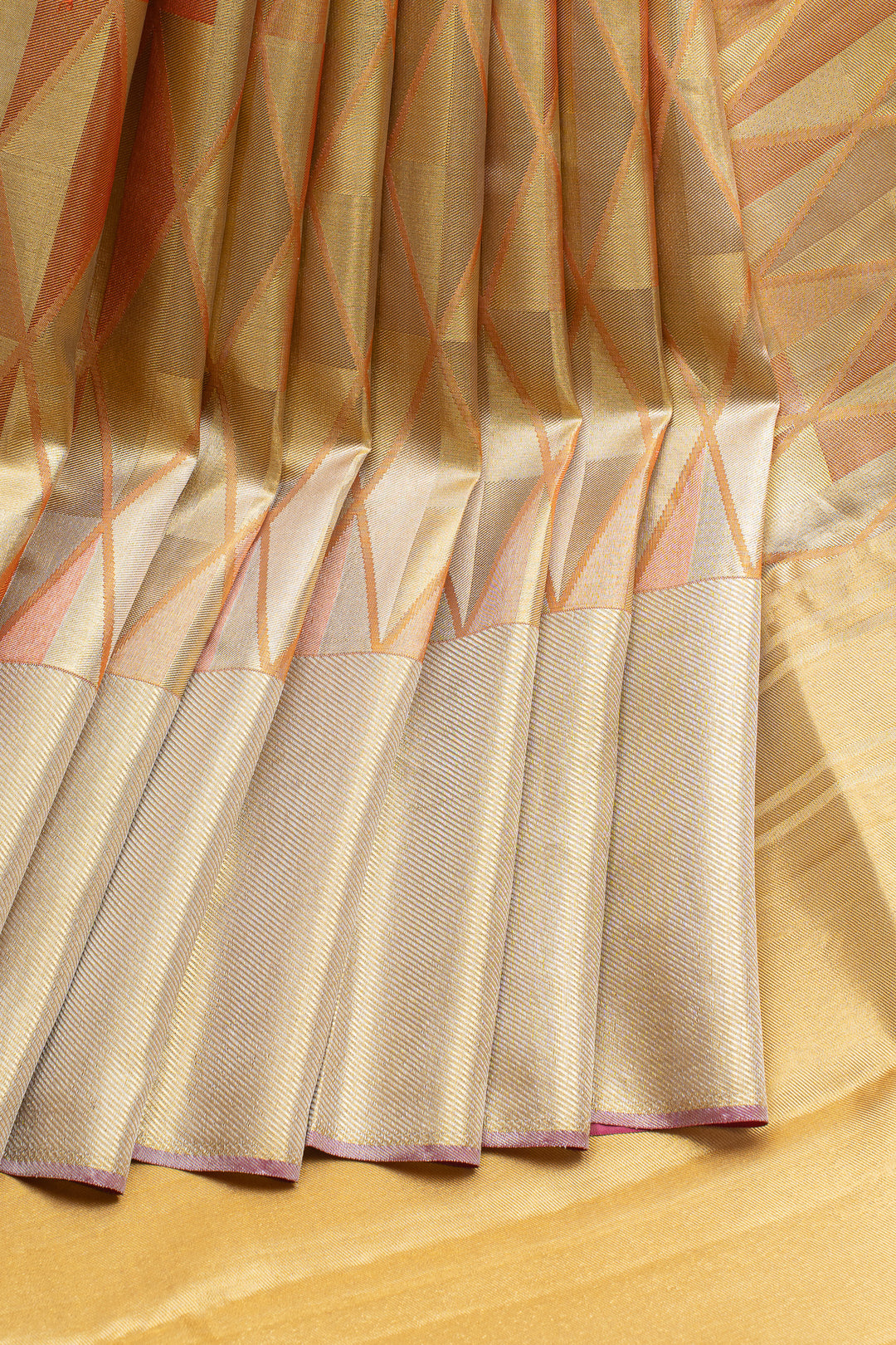 Peach and gold diamond tissue pure kanchipuram silk saree