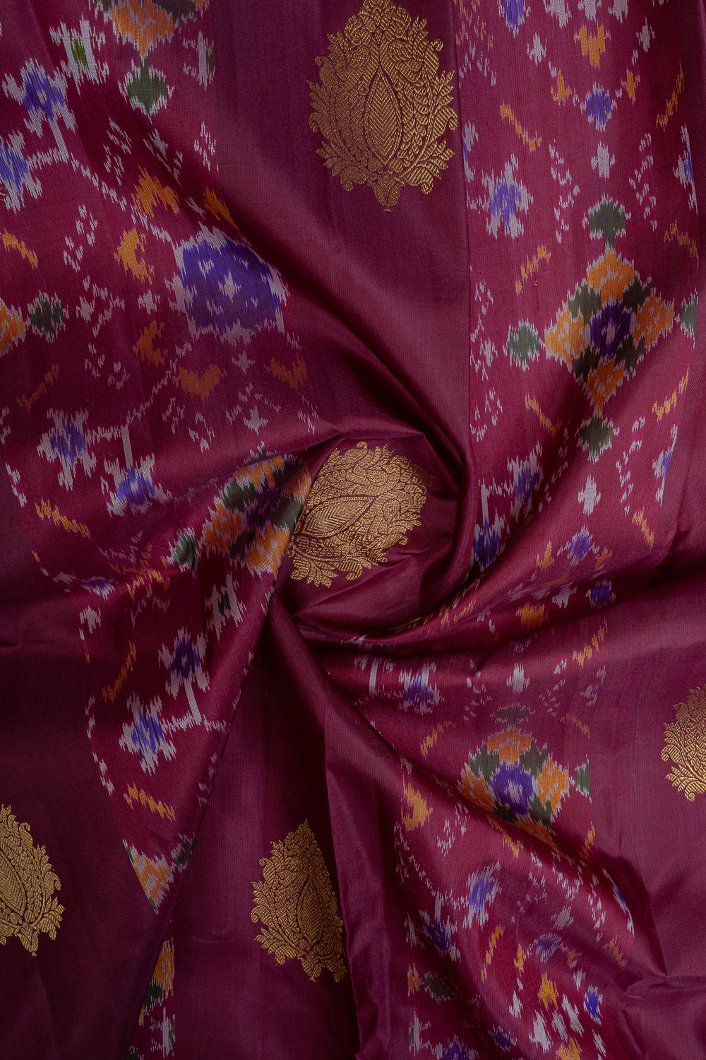 Burgundy pure ikat kanchipuram silk saree