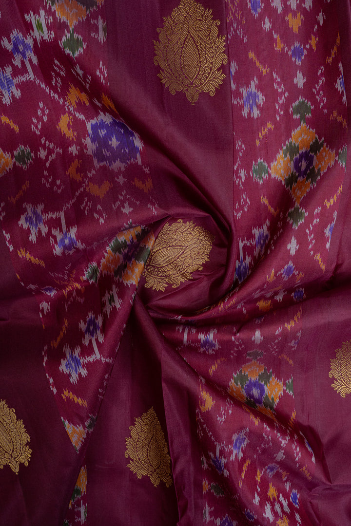Burgundy pure ikat kanchipuram silk saree