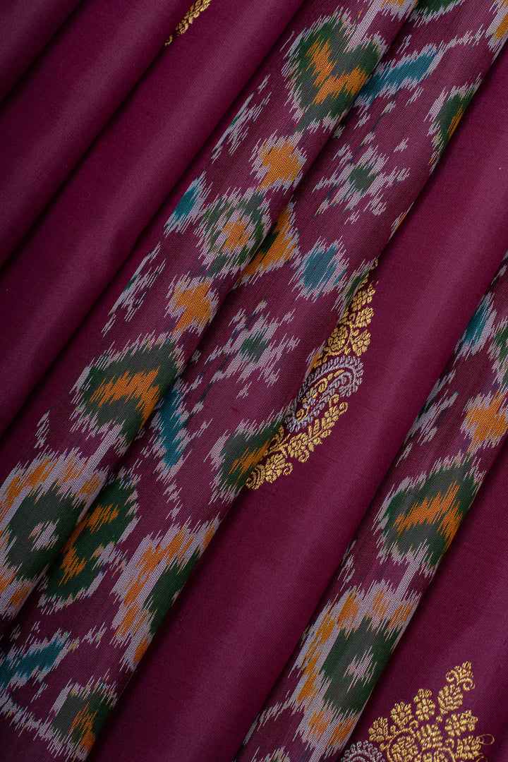 Purple borderless pure ikat Kanchipuram silk saree