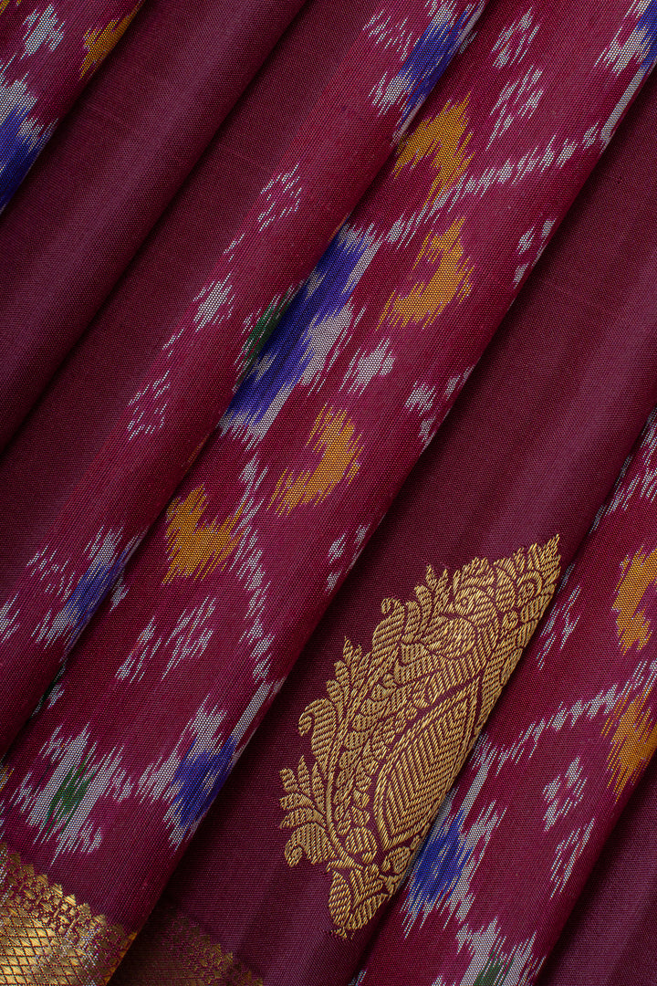 Burgundy pure ikat kanchipuram silk saree