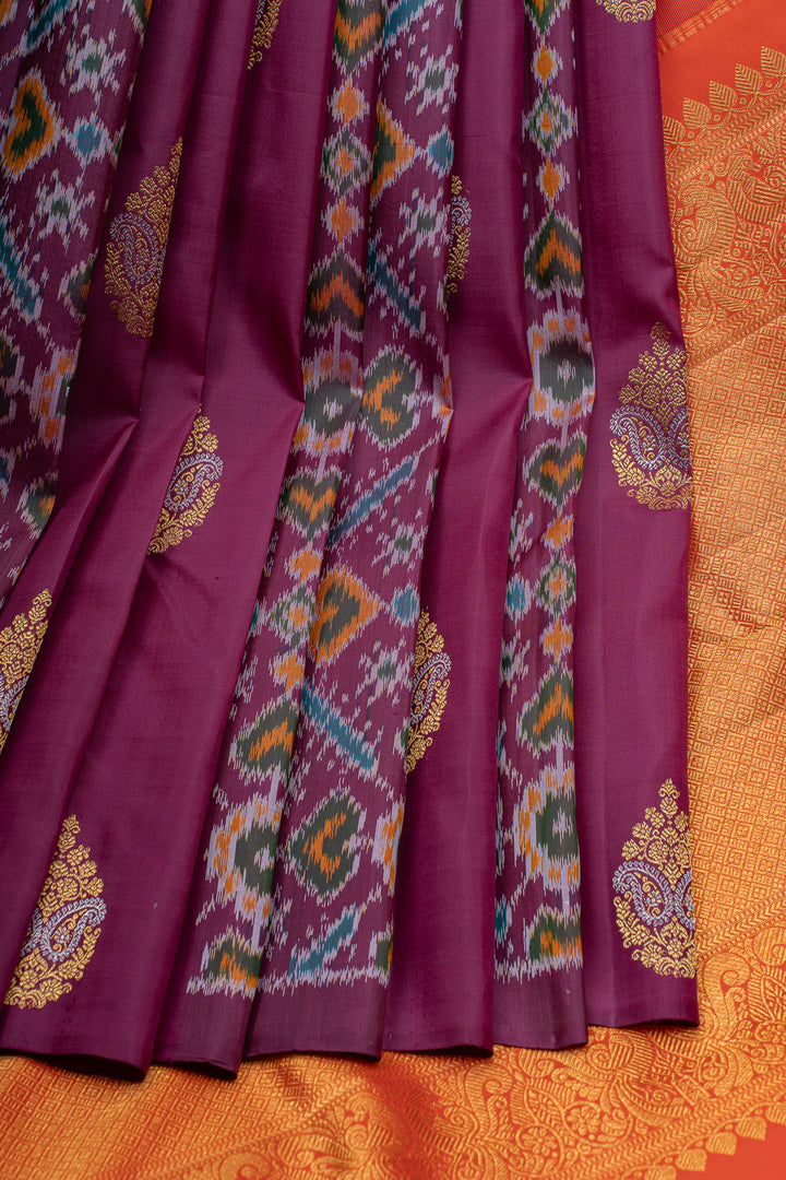 Purple borderless pure ikat Kanchipuram silk saree