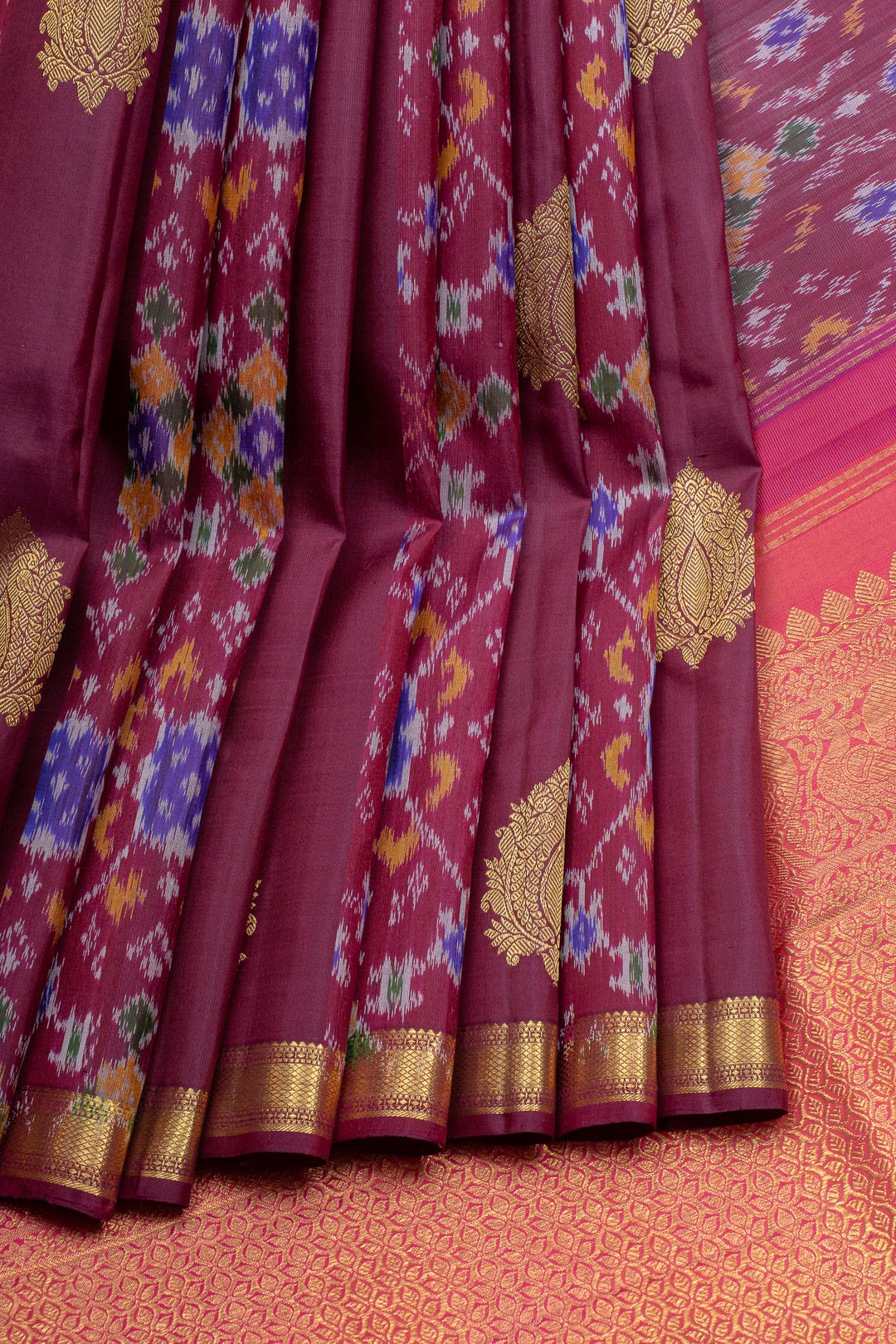Burgundy pure ikat kanchipuram silk saree