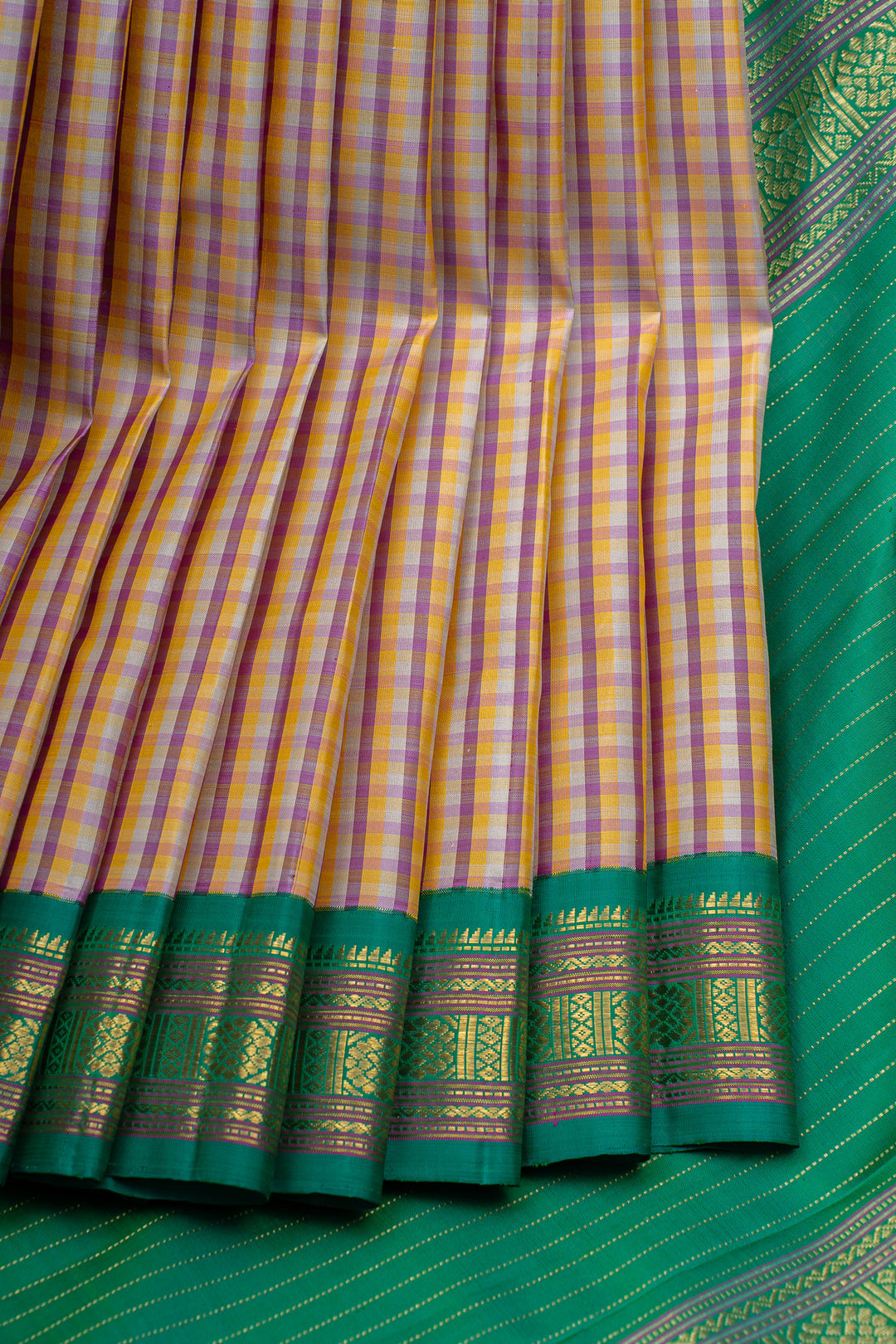 Green checks pure Kanchipuram silk saree