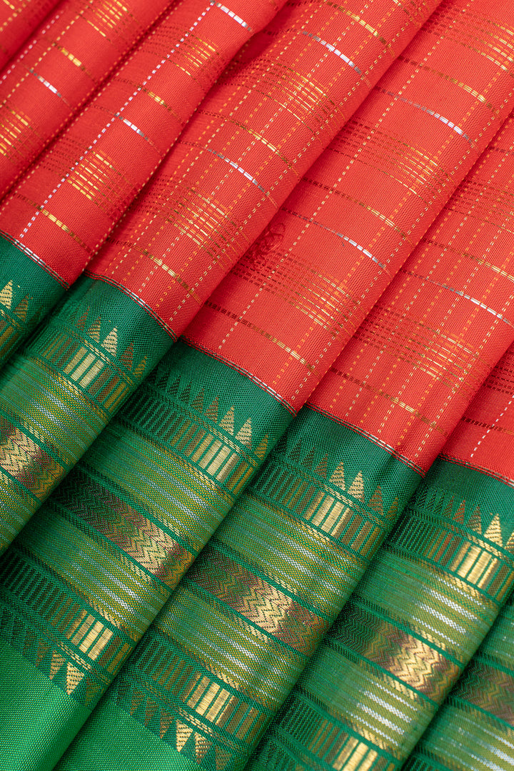 Red and green zari checks pure kanchipuram silk saree