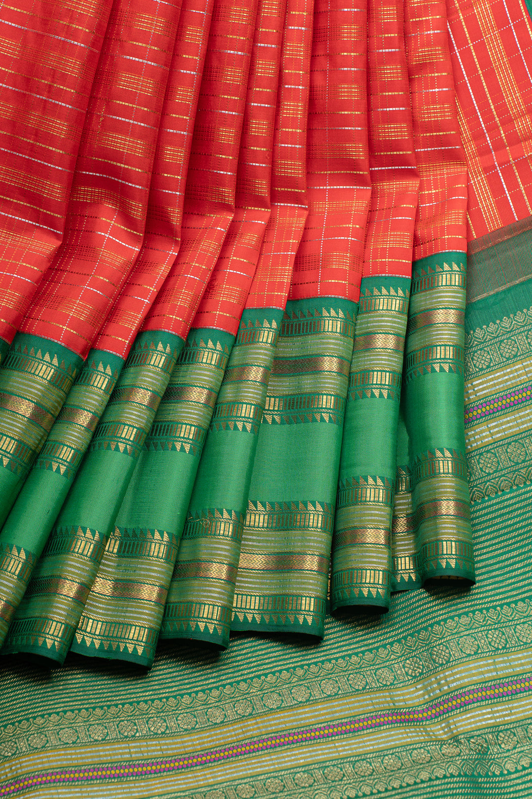 Red and green zari checks pure kanchipuram silk saree