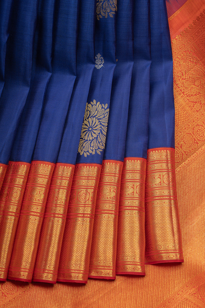Royal blue and orange pure Kanchipuram silk saree