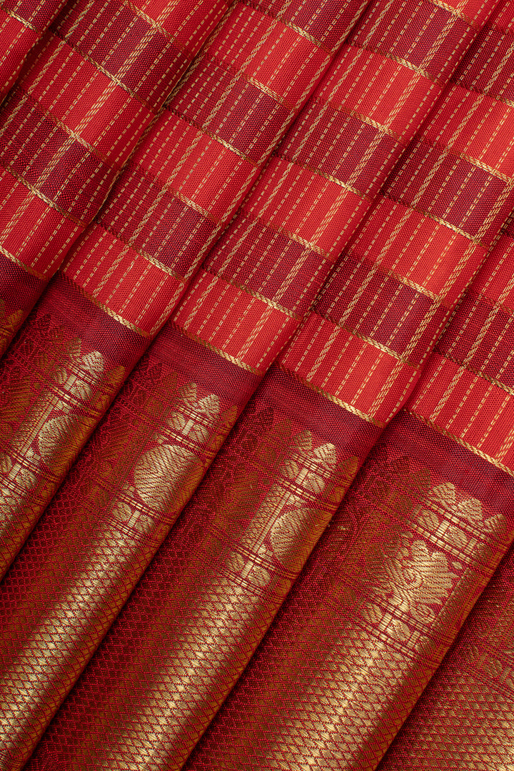 Red zari checks pure kanchipuram silk saree