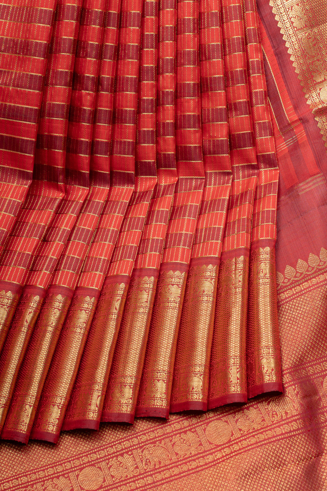Red zari checks pure kanchipuram silk saree