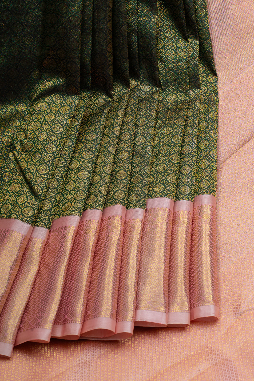 Emerald green and pink brocade pure kanchipuram silk saree