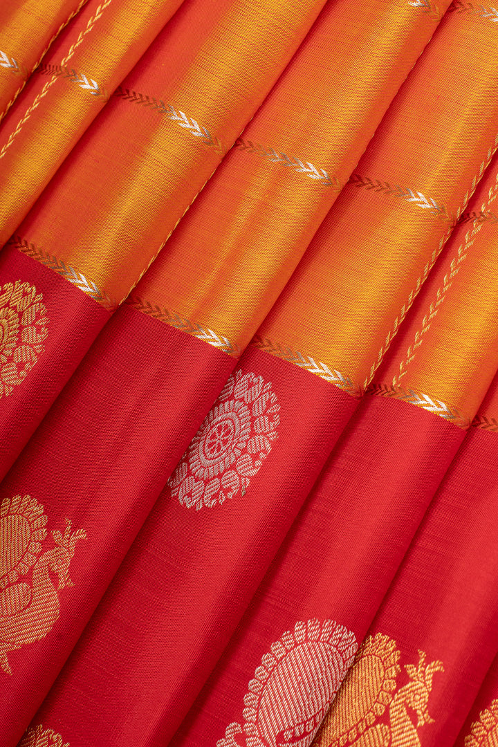 Rust orange  and red checks pure kanchipuram silk saree