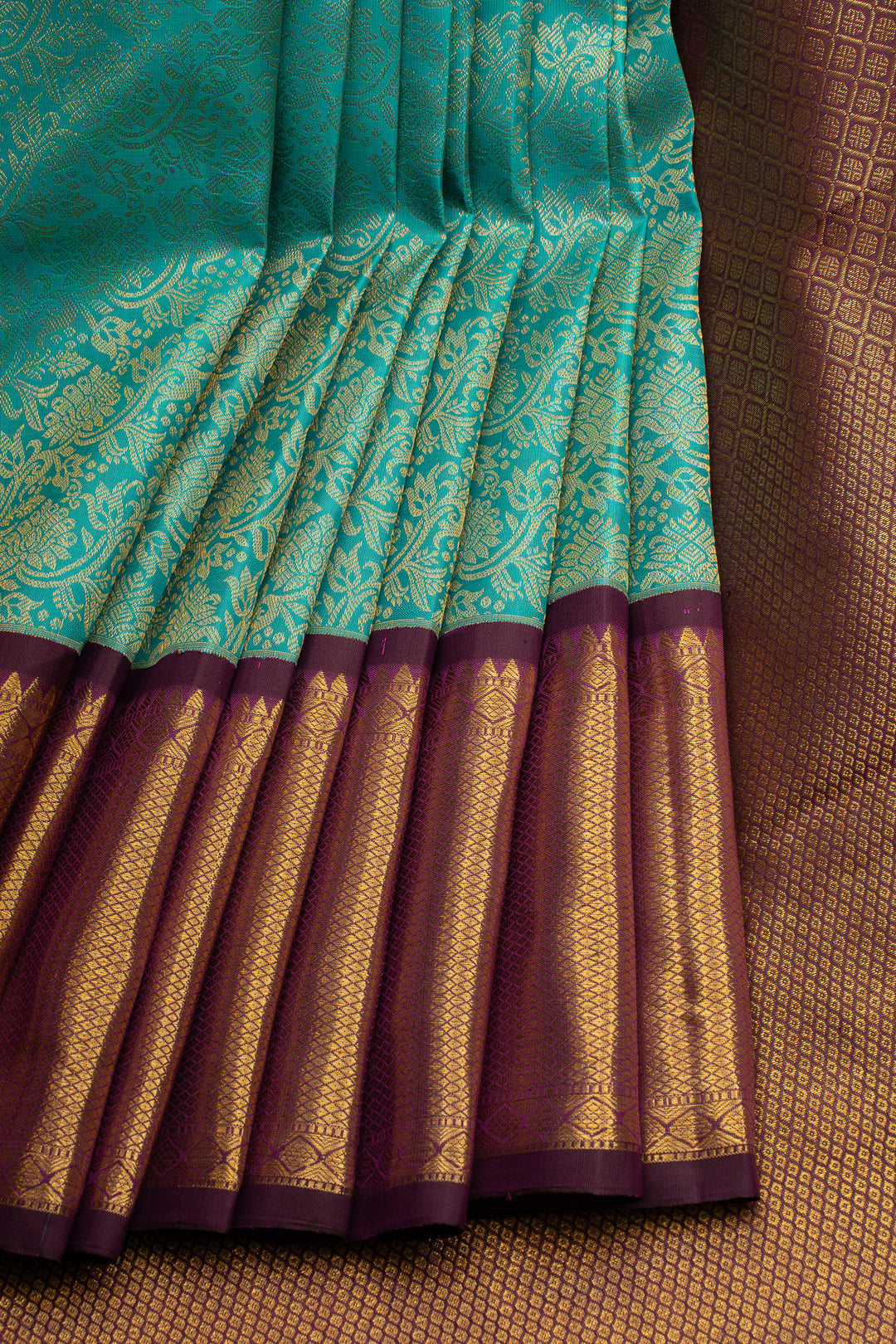 Teal blue and purple brocade pure kanchipuram silk saree