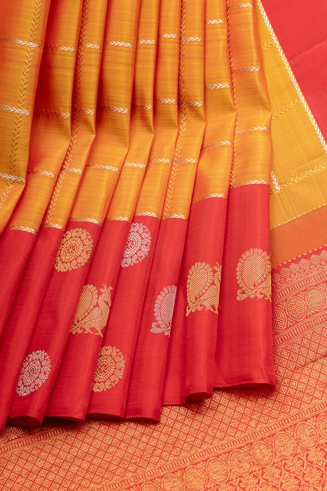 Rust orange  and red checks pure kanchipuram silk saree