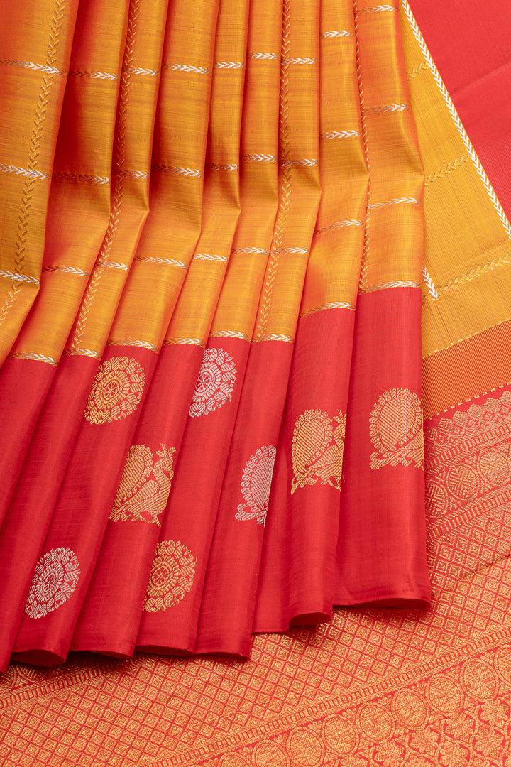Rust orange  and red checks pure kanchipuram silk saree