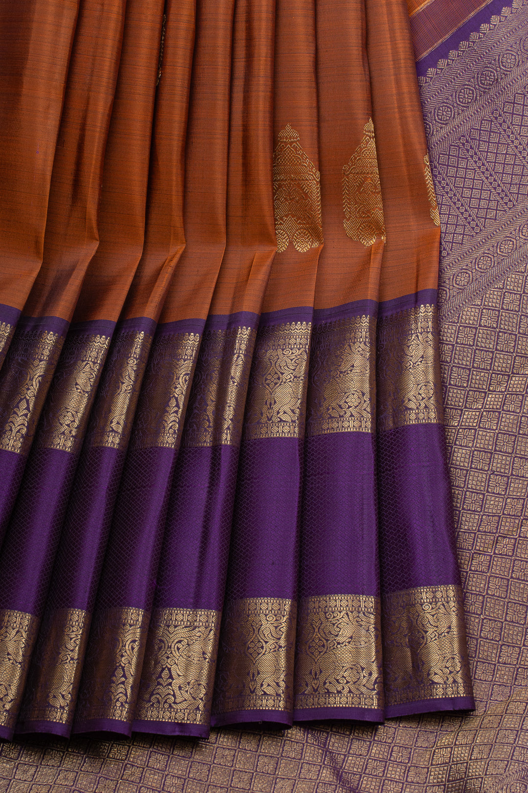 Rust orange and purple  pure kanchipuram silk saree