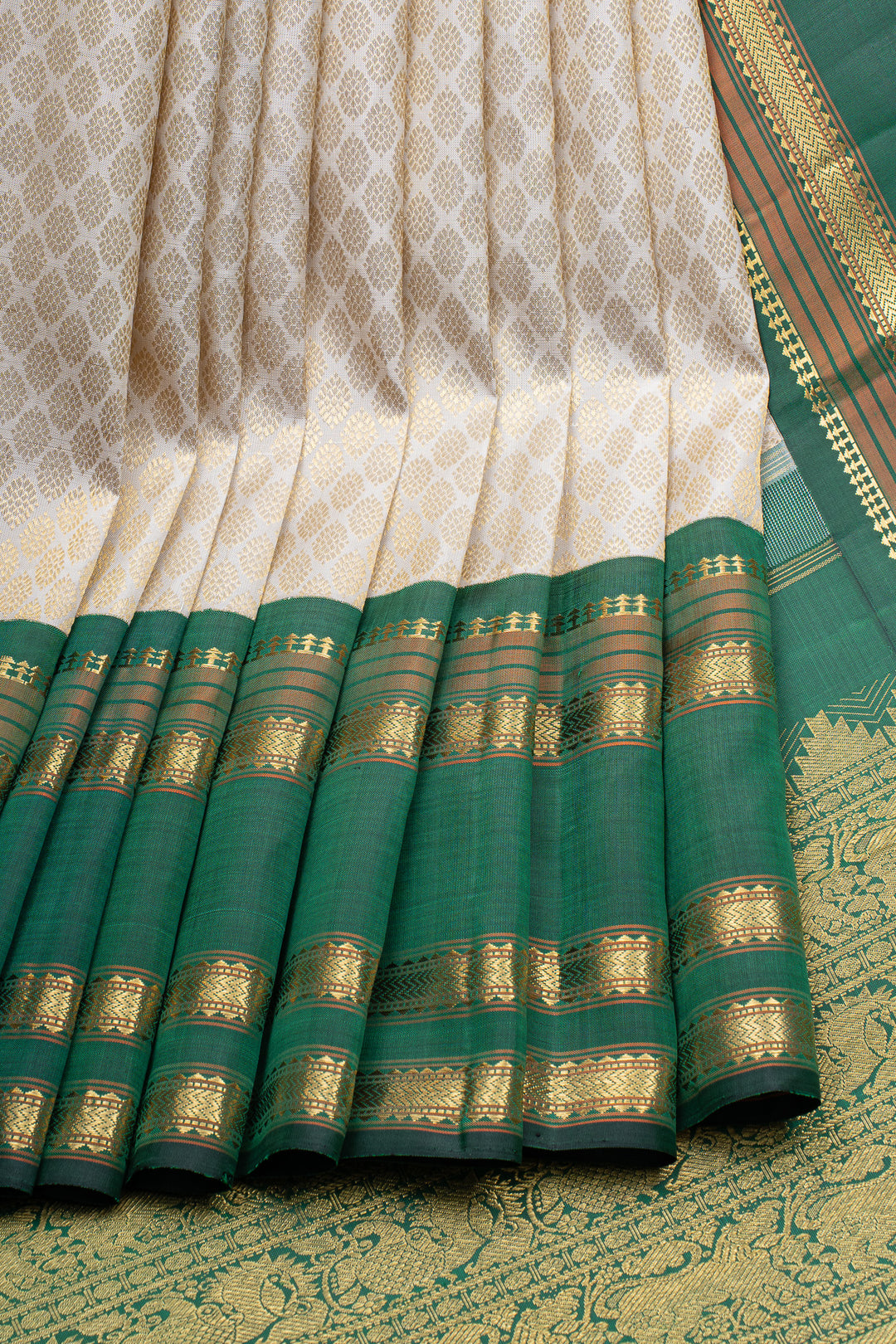 Ivory and green brocade pure kanchipuram silk saree