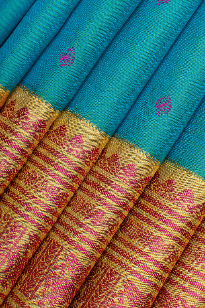Peacock blue traditional pure kanchipuram silk saree