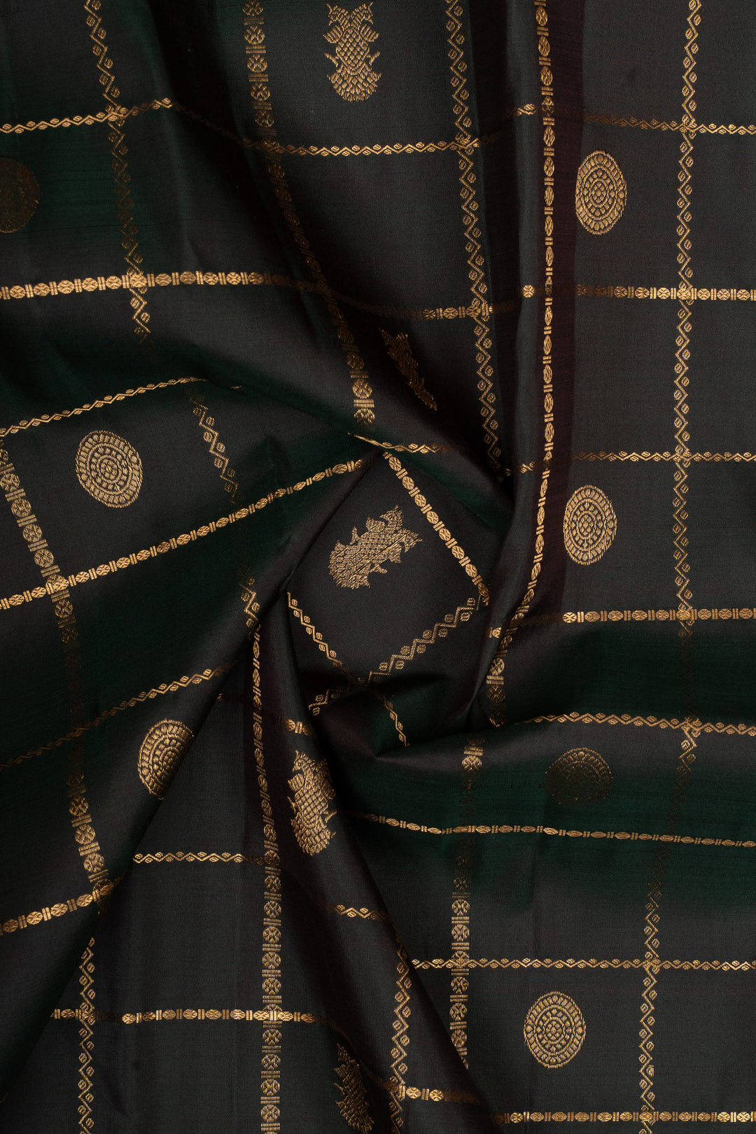 Bottle green and maroon Zari checks pure kanchipuram silk saree
