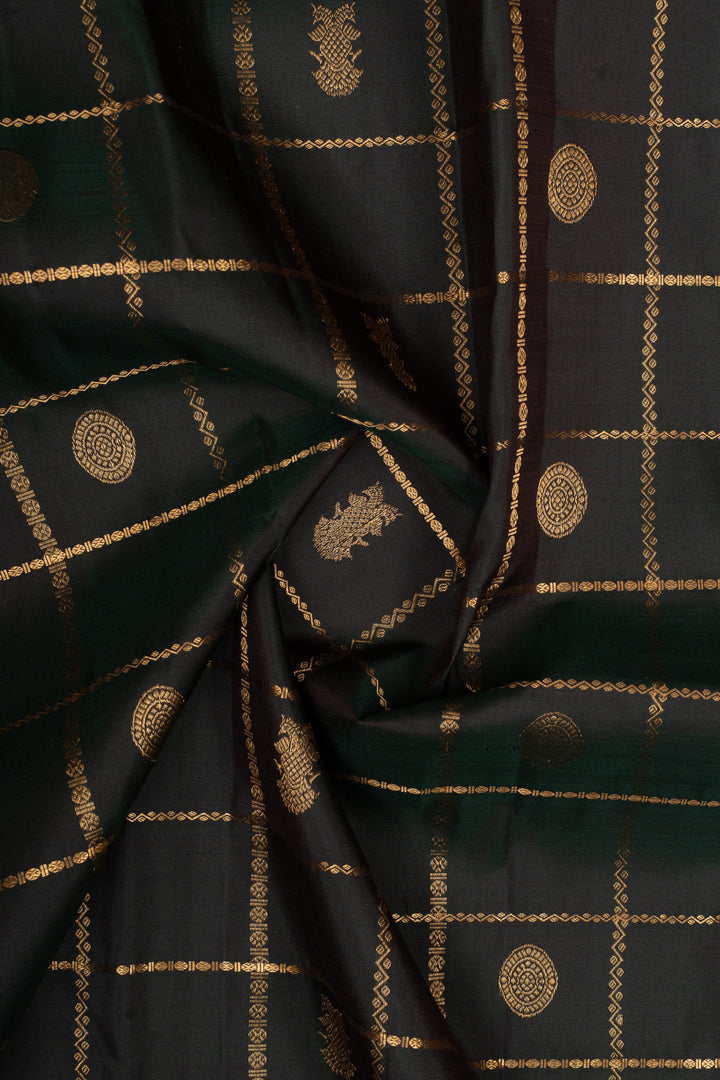 Bottle green and maroon Zari checks pure kanchipuram silk saree