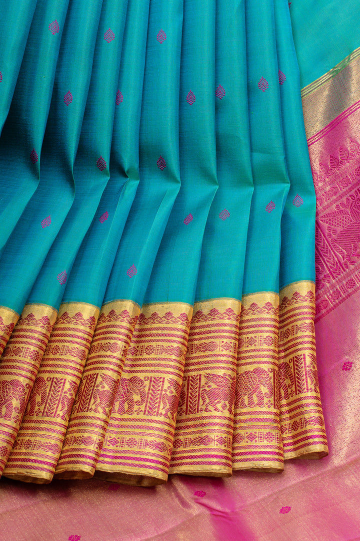 Peacock blue traditional pure kanchipuram silk saree