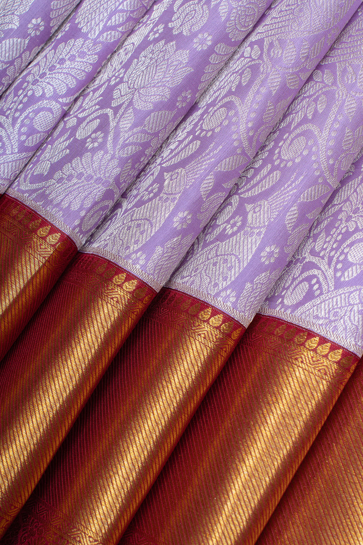 Lavender and red brocade  pure kanchipuram silk saree