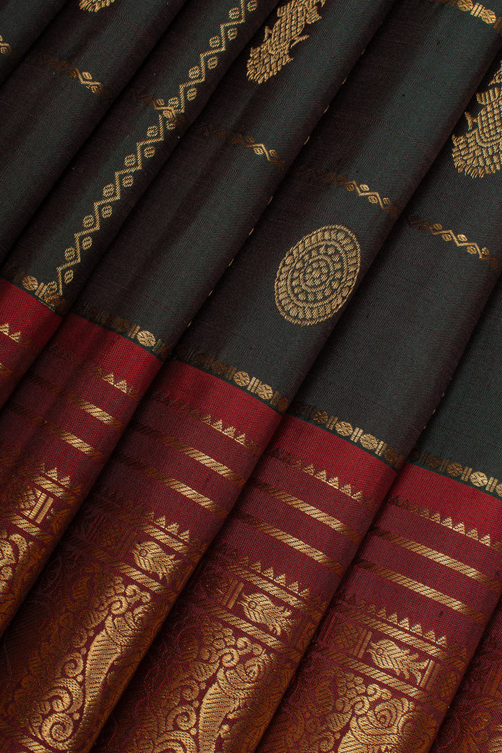 Bottle green and maroon Zari checks pure kanchipuram silk saree