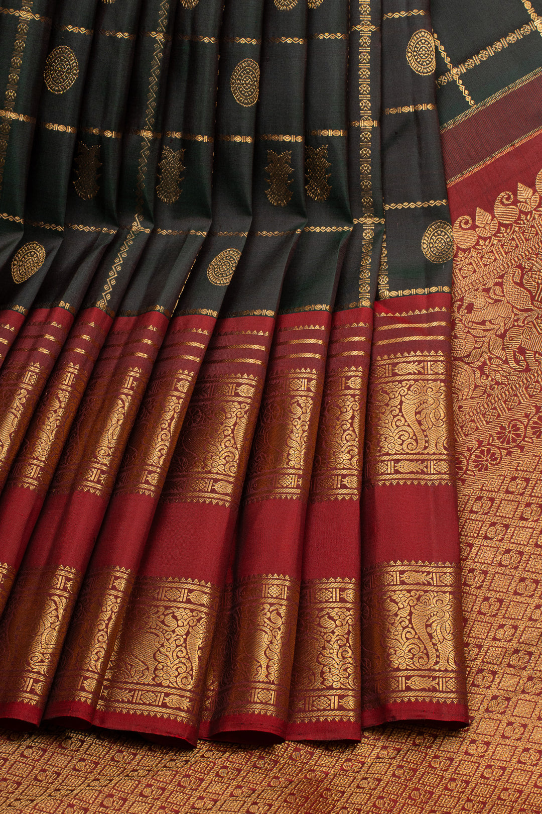 Bottle green and maroon Zari checks pure kanchipuram silk saree