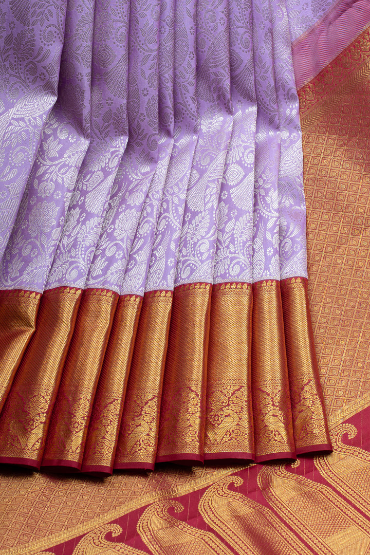 Lavender and red brocade  pure kanchipuram silk saree