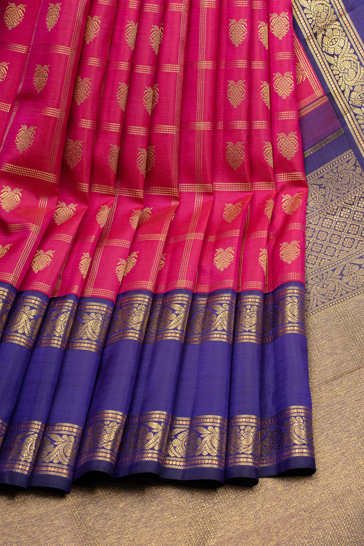 Vintage pink iruthalaipakshi Muthu Zari checks pure kanchipuram silk saree