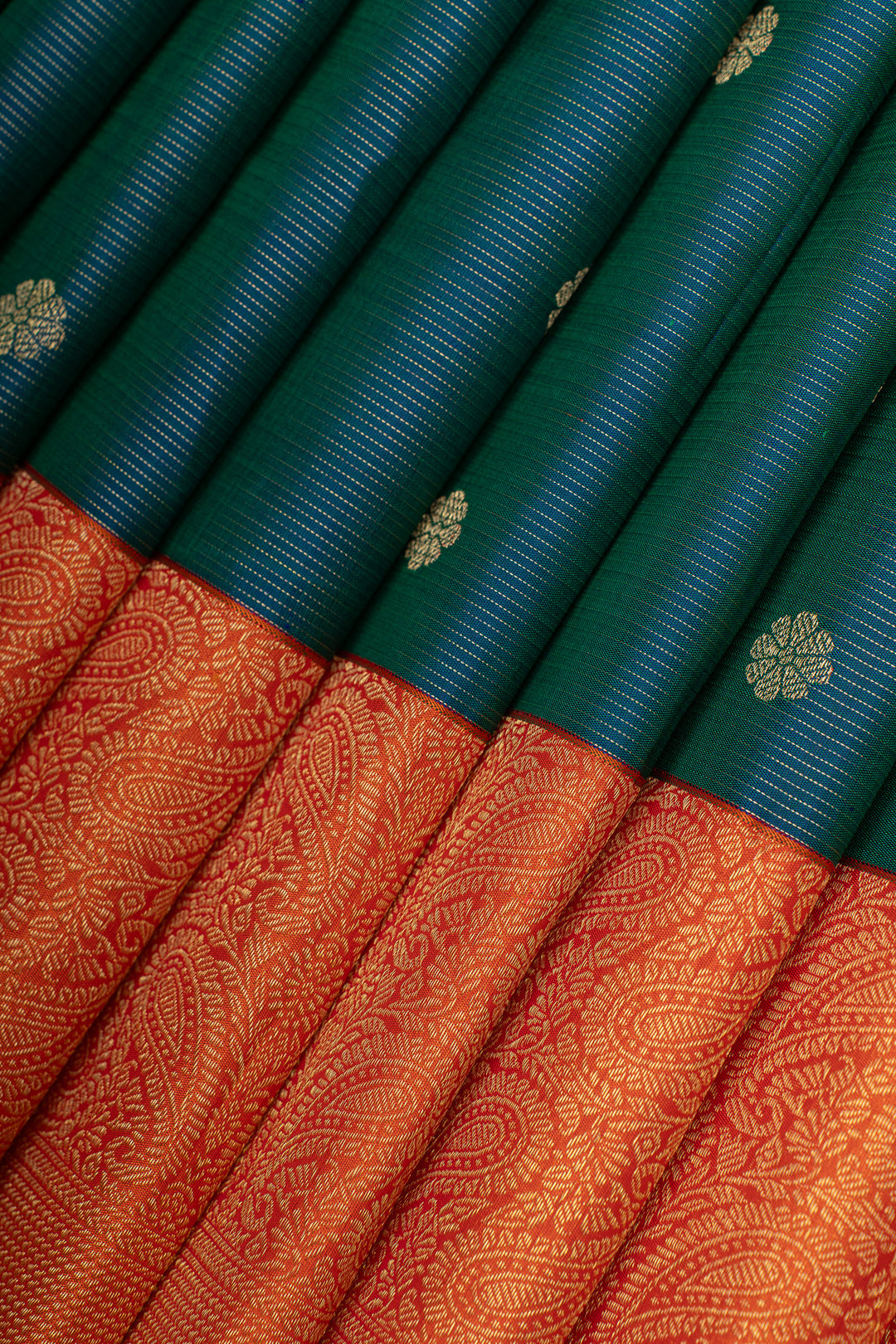 Peacock blue and orange stripes pure Kanchipuram silk saree