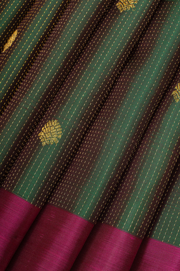 Mehadi green and red stripes pure kanchipuram silk saree