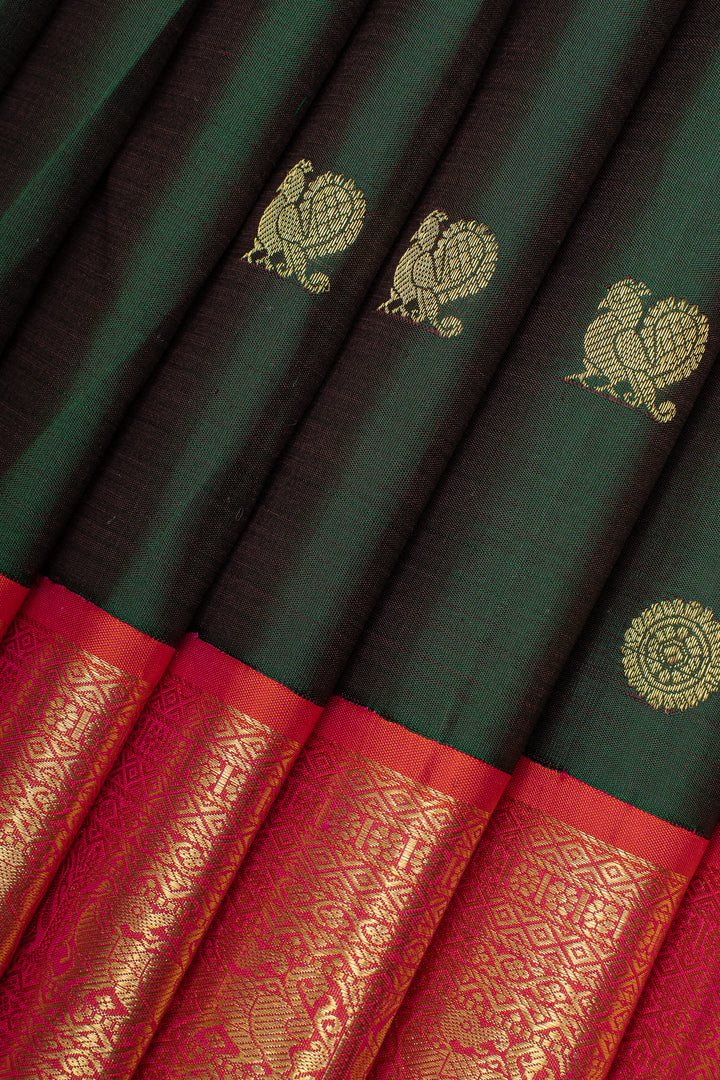 Bottle green and peach traditional pure kanchipuram silk saree