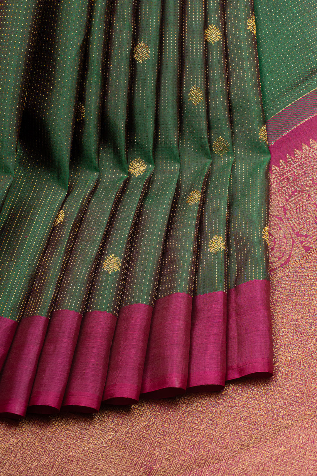 Mehadi green and red stripes pure kanchipuram silk saree