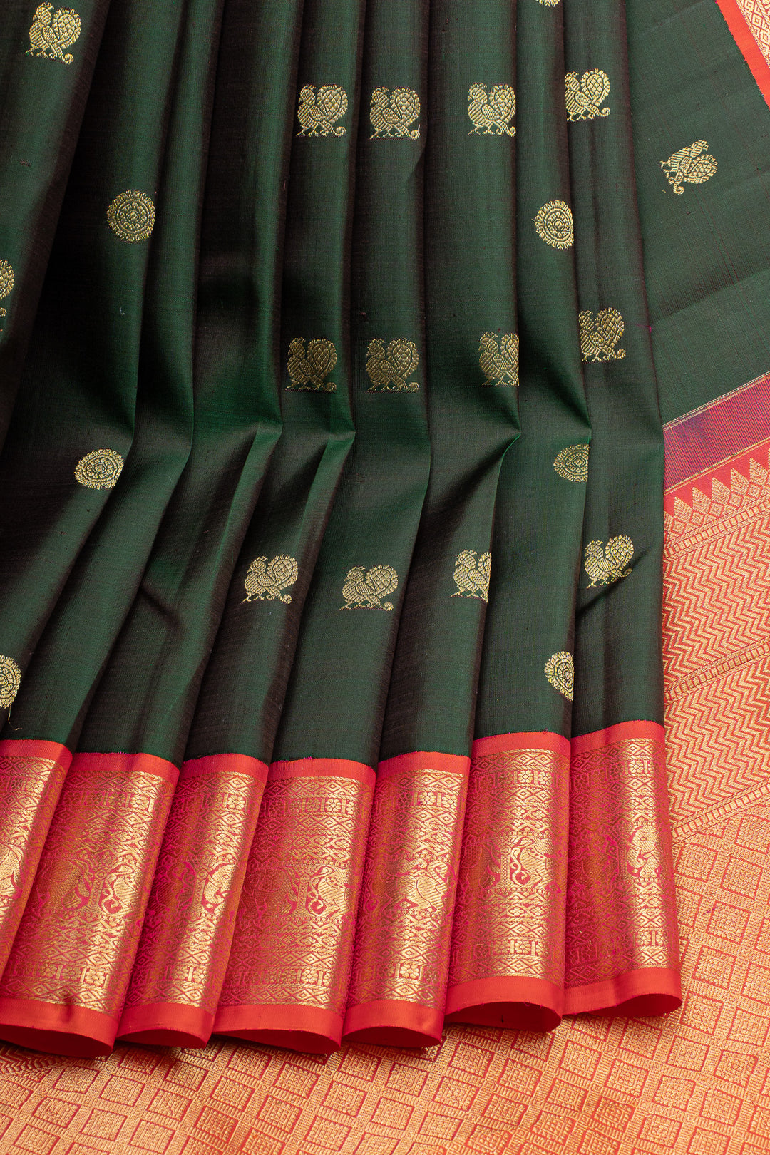 Bottle green and peach traditional pure kanchipuram silk saree