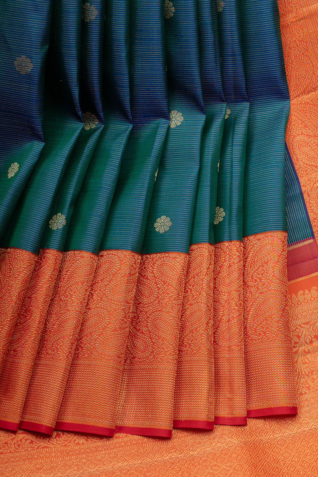 Peacock blue and orange stripes pure Kanchipuram silk saree