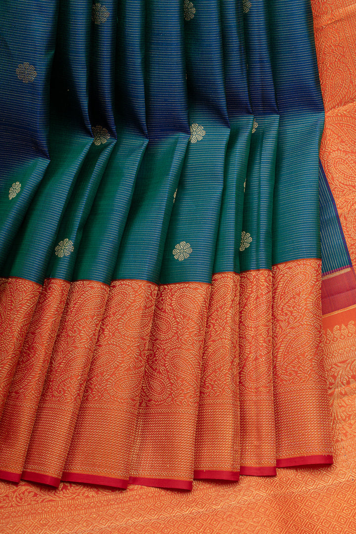 Peacock blue and orange stripes pure Kanchipuram silk saree