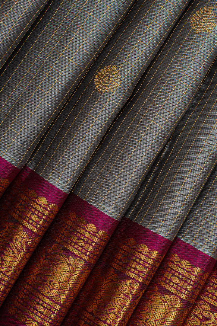 Grey zari checks pure kanchipuram silk saree