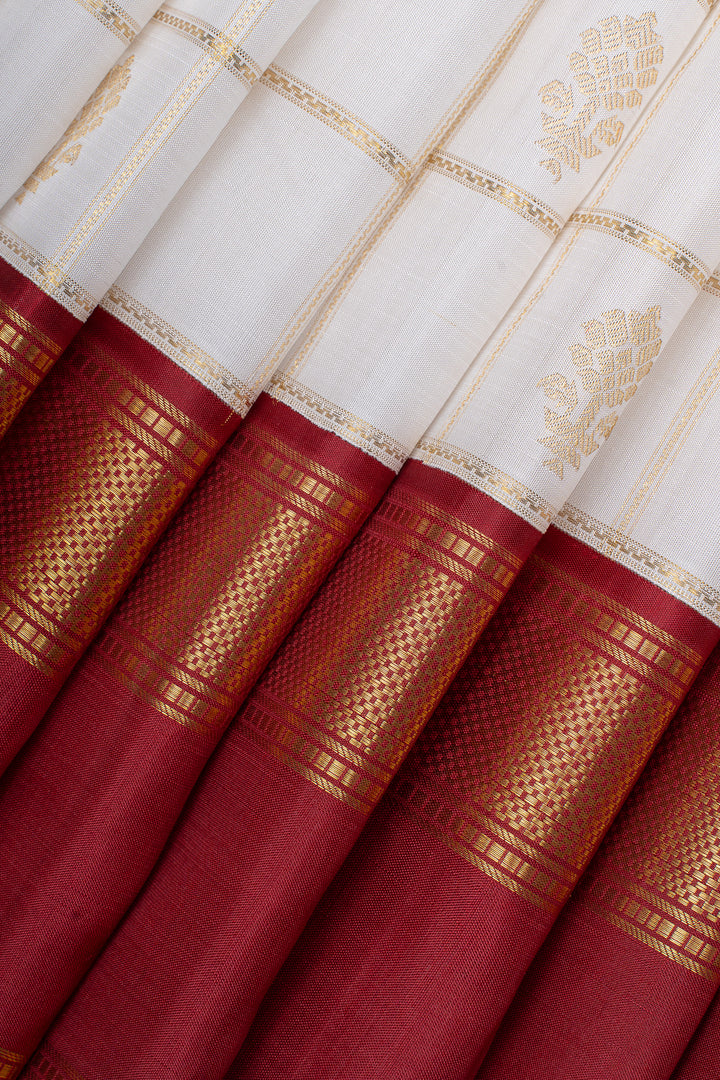 Ivory and maroon Jamdani motifs pure kanchipuram silk saree
