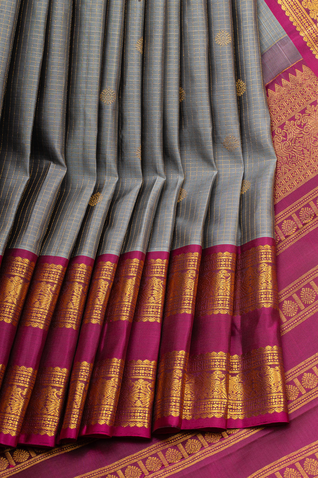 Grey zari checks pure kanchipuram silk saree