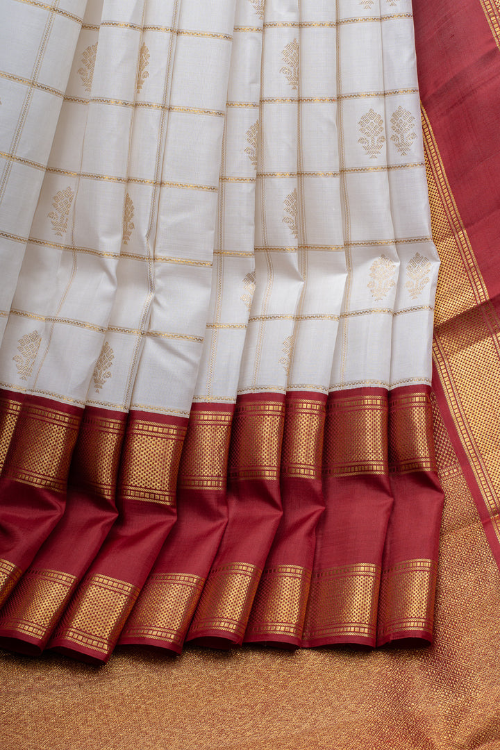 Ivory and maroon Jamdani motifs pure kanchipuram silk saree