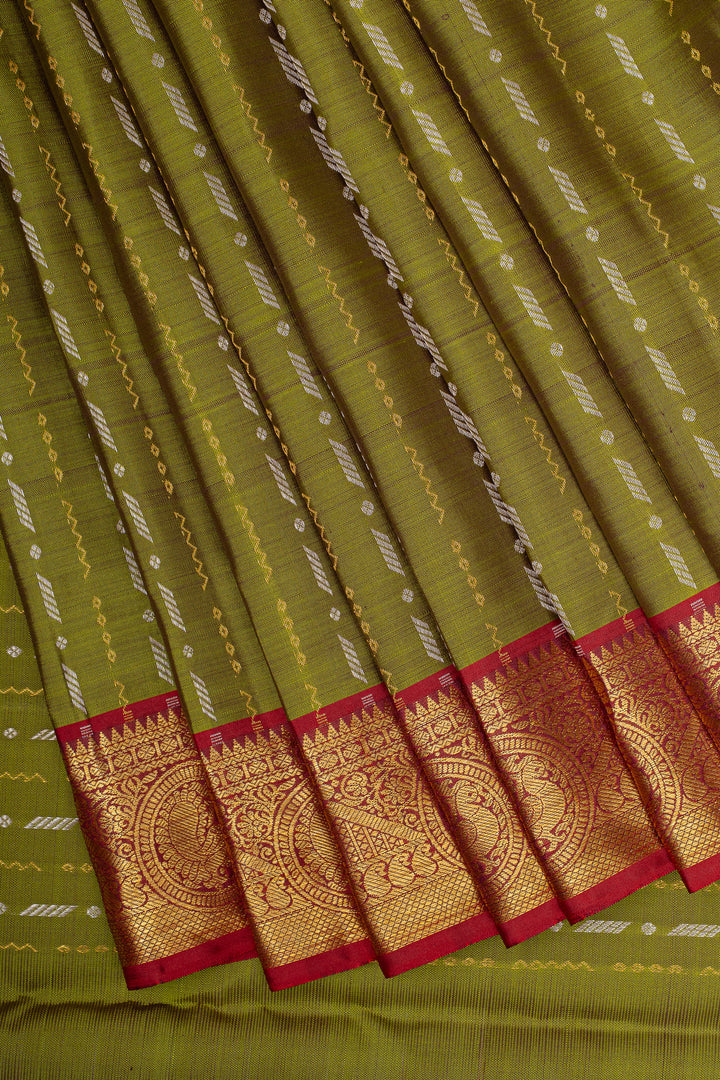Mehadi green and red stripes pure kanchipuram silk saree