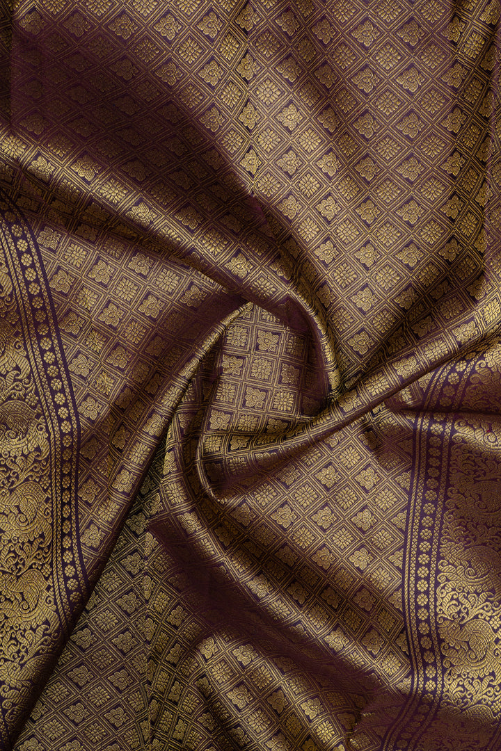Mustard and purple traditional pure kanchipuram silk saree