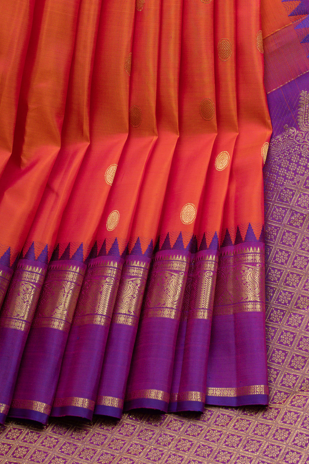 Peach and purple traditional pure kanchipuram silk saree