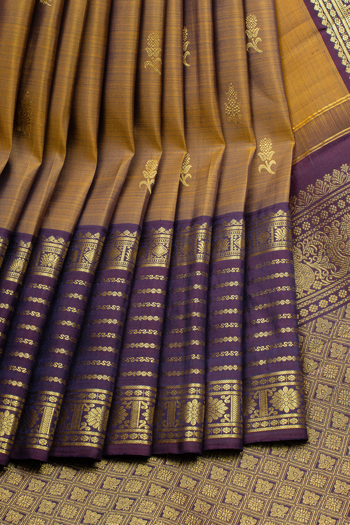 Mustard and purple traditional pure kanchipuram silk saree