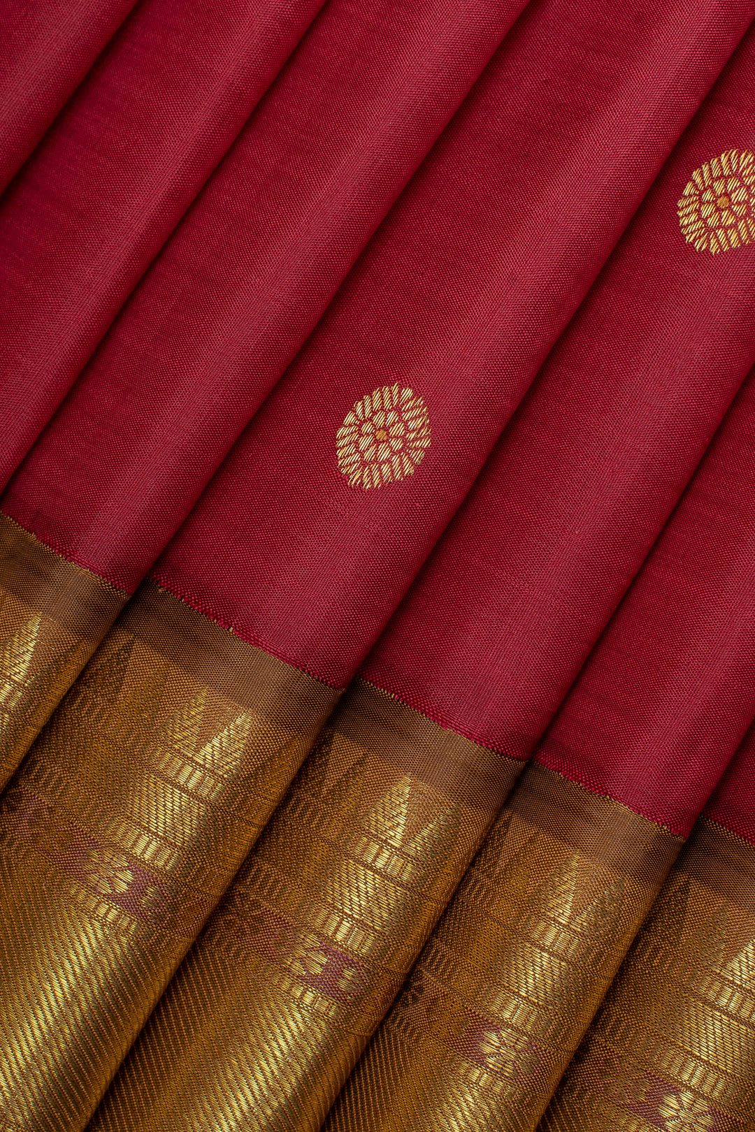 Ruby red and khaki gold  traditional pure kanchipuram silk saree