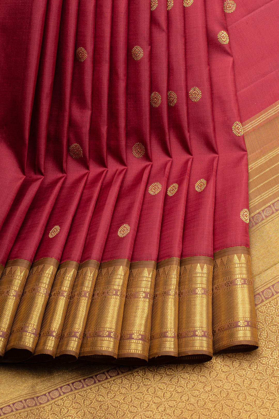 Ruby red and khaki gold  traditional pure kanchipuram silk saree